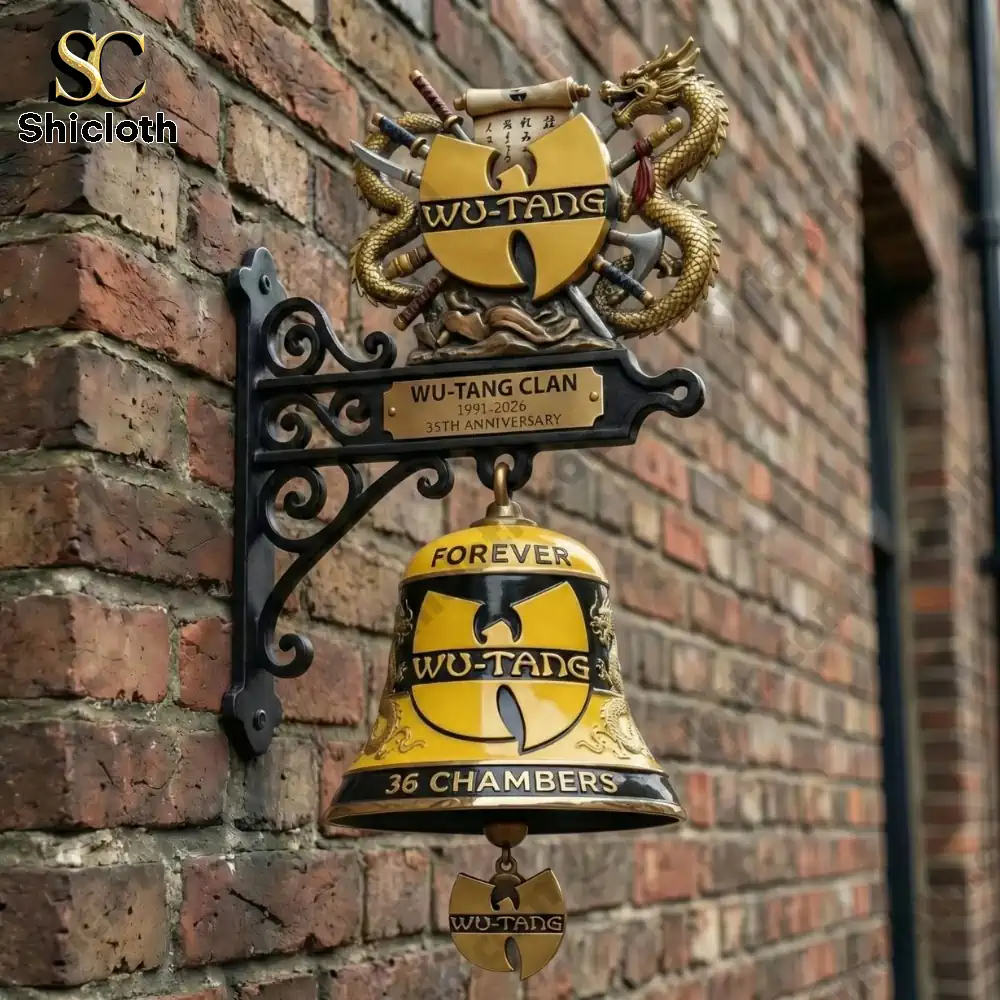 Wu Tang Clan anniversary wall bell mounted on decorative bracket against brick wall!