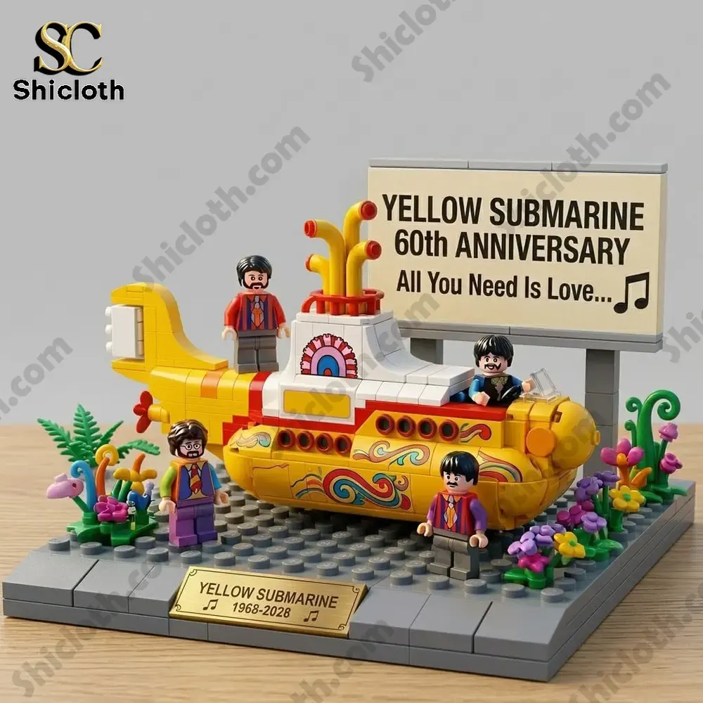 Yellow submarine brick model with figures and anniversary sign on simple background