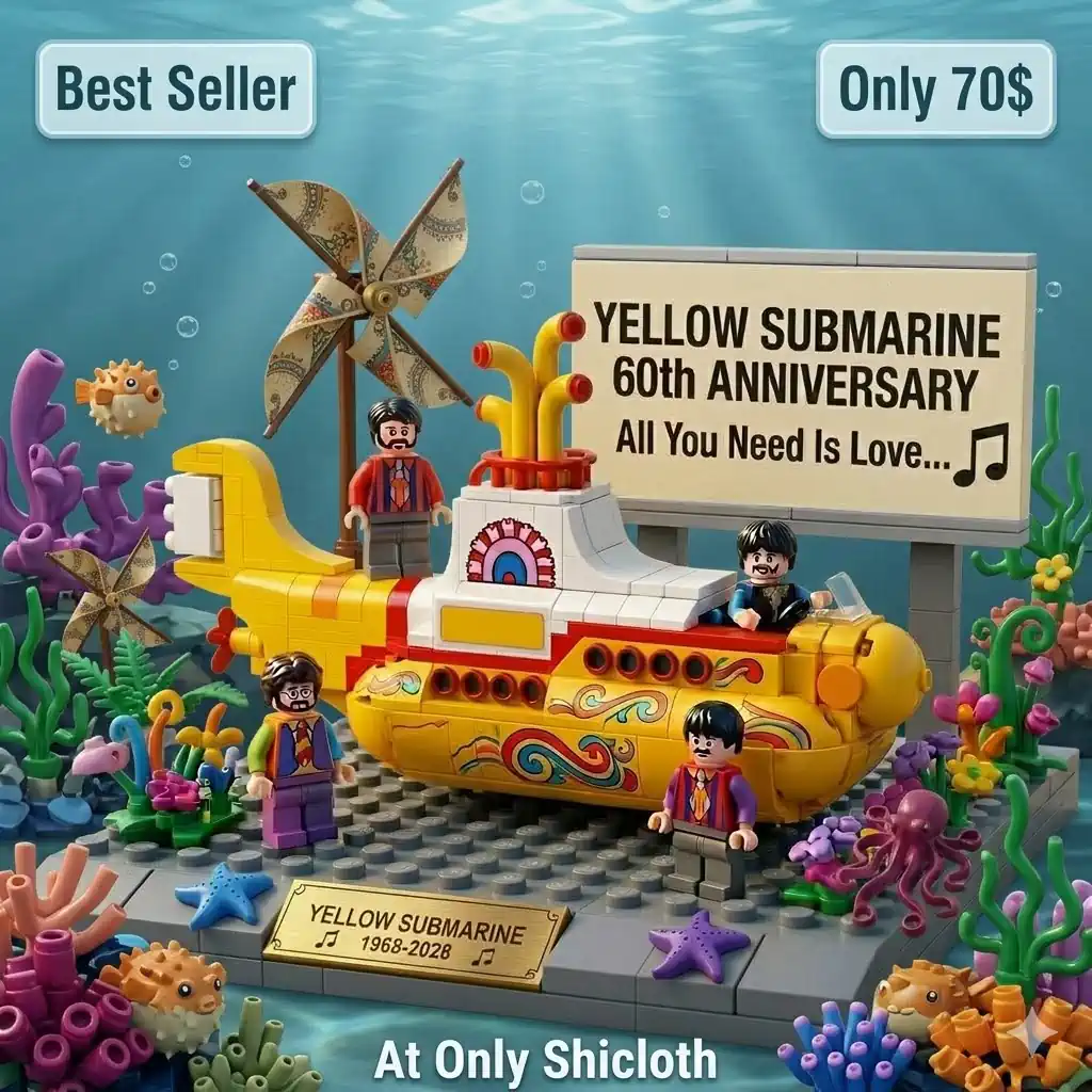 Yellow submarine brick model with figures and vibrant ocean themed background