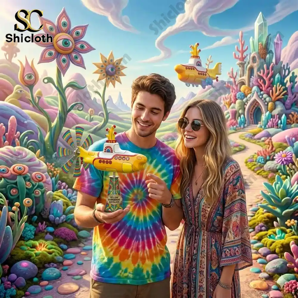 Couple holding yellow submarine wind spinner in colorful fantasy garden