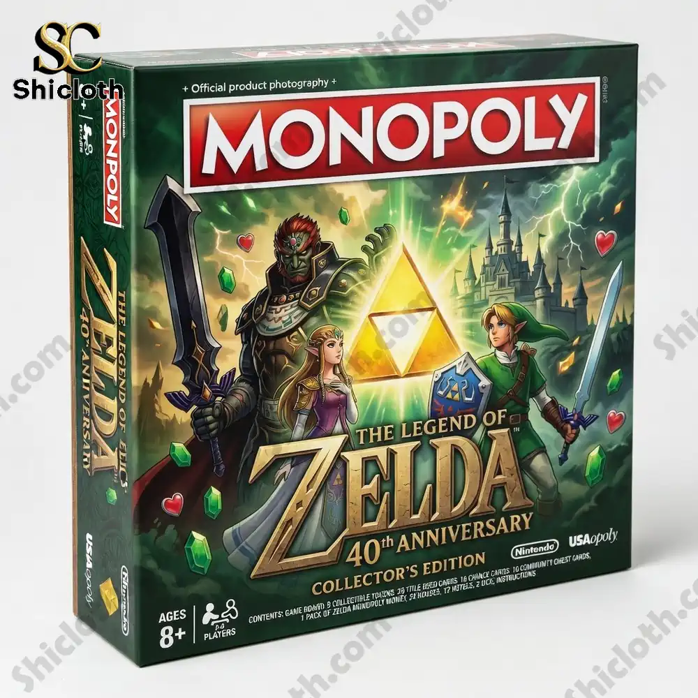 Zelda anniversary Monopoly board game box with fantasy artwork displayed by Shicloth!