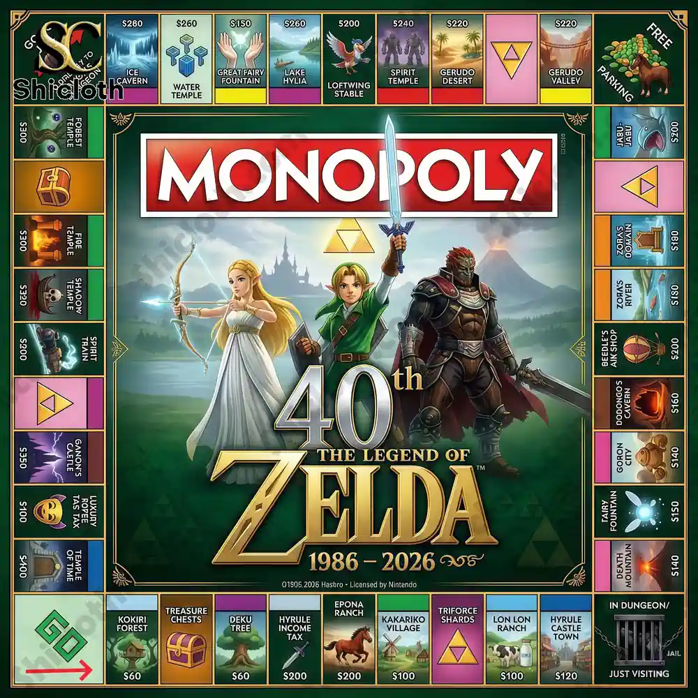 Zelda themed Monopoly board featuring Hyrule locations displayed by Shicloth!