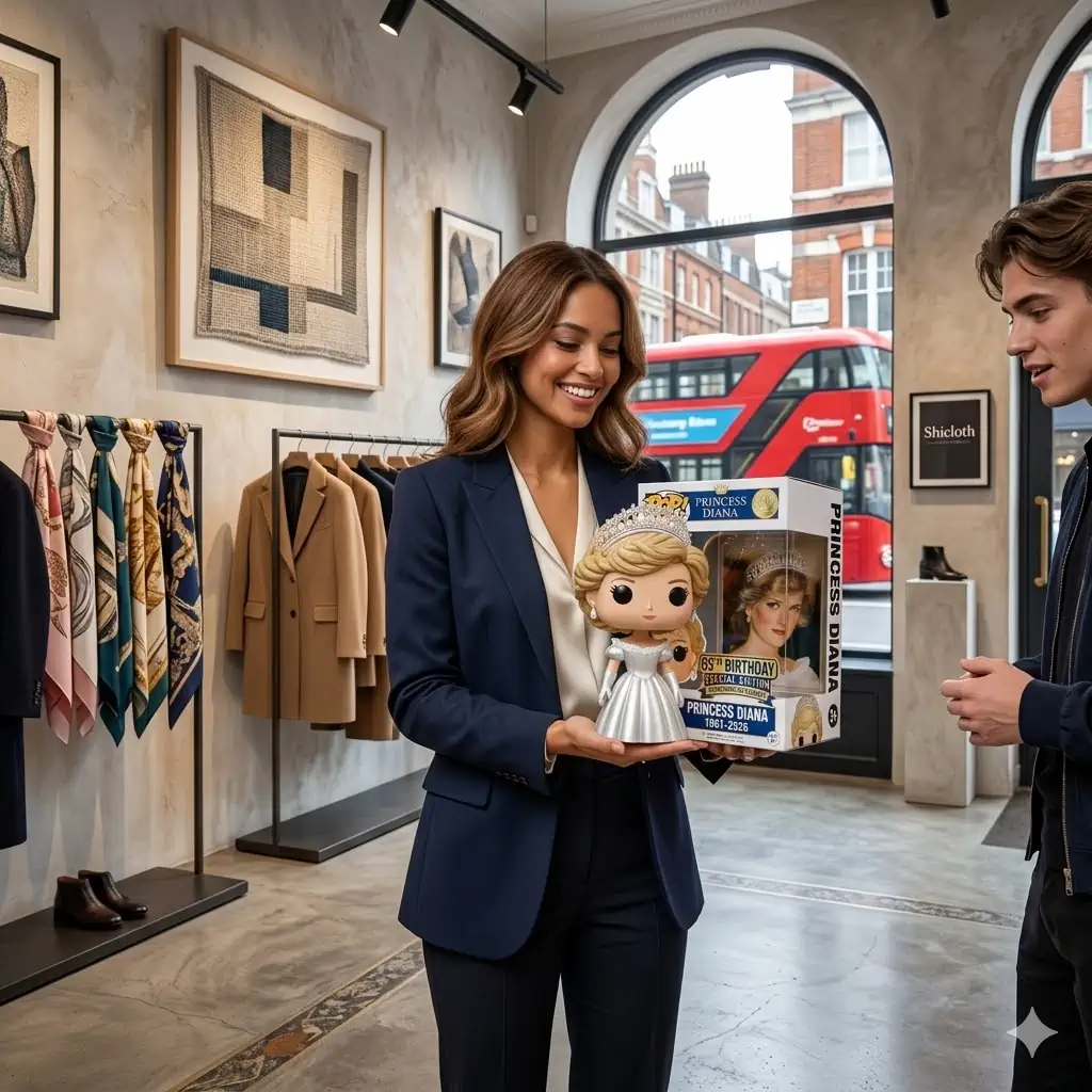 Woman holding princess figure box inside fashion store