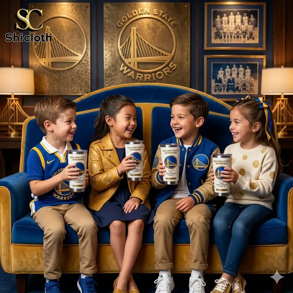 Kids holding Golden State Warriors tumbler and smiling together!