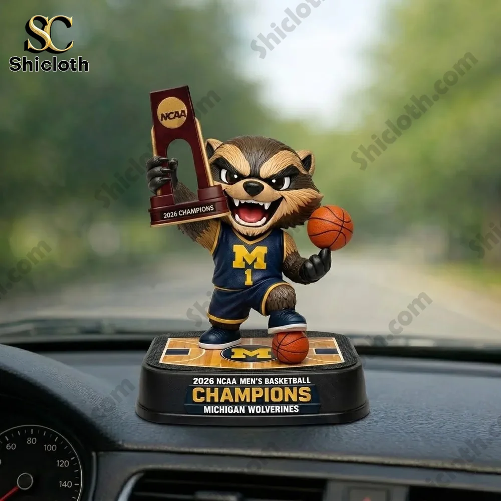 2026 NCAA Champions Michigan Car Dashboard 3D Figurine 4 Front view Michigan mascot figurine with trophy and basketball!