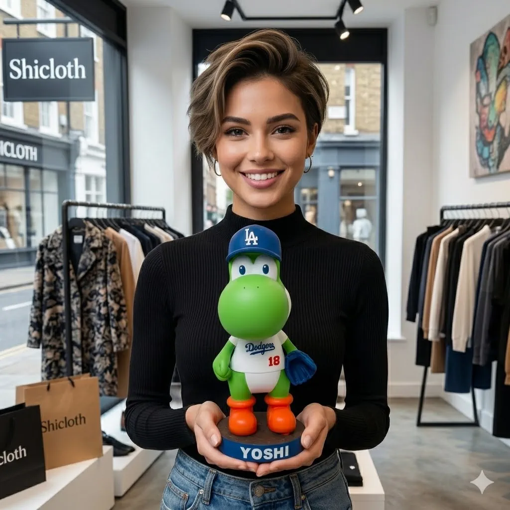 Woman holding green Yoshi Dodgers figure inside Shicloth store!