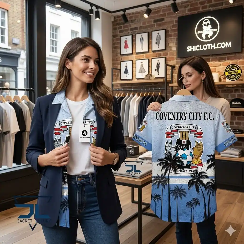 Woman displaying Coventry City shirt in Shicloth store!