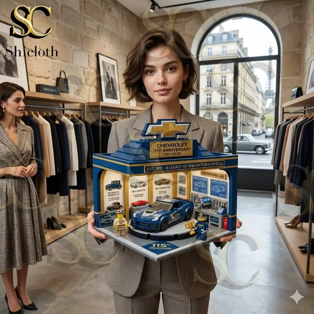 A young woman wearing a grey plaid blazer is holding up a detailed LEGO model of a Chevrolet 115th Anniversary display in a retail setting! The LEGO model has classic cars and minifigures! Another woman and clothing racks are visible in the background!