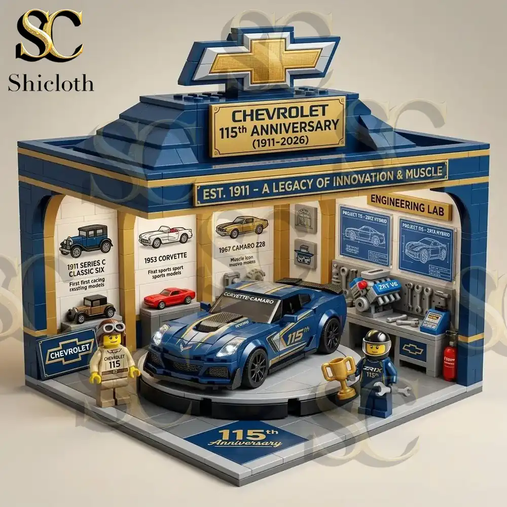 A brick built Chevrolet 115th anniversary display stand on a cream colored base! It features various LEGO models of classic and modern Chevrolet vehicles along with two minifigures, a trophy, and tools! A large golden Chevrolet logo and celebratory text are at the top!