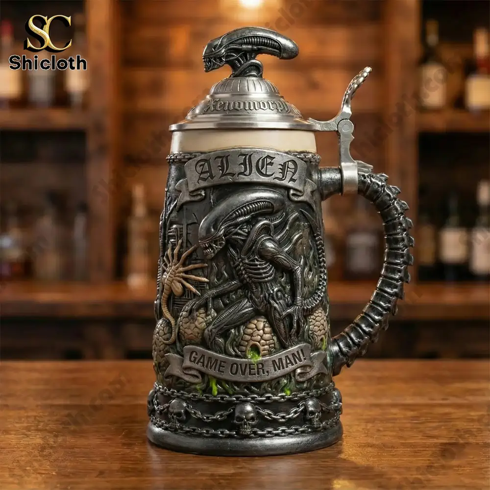 Close view of detailed alien xenomorph beer stein on wooden table!