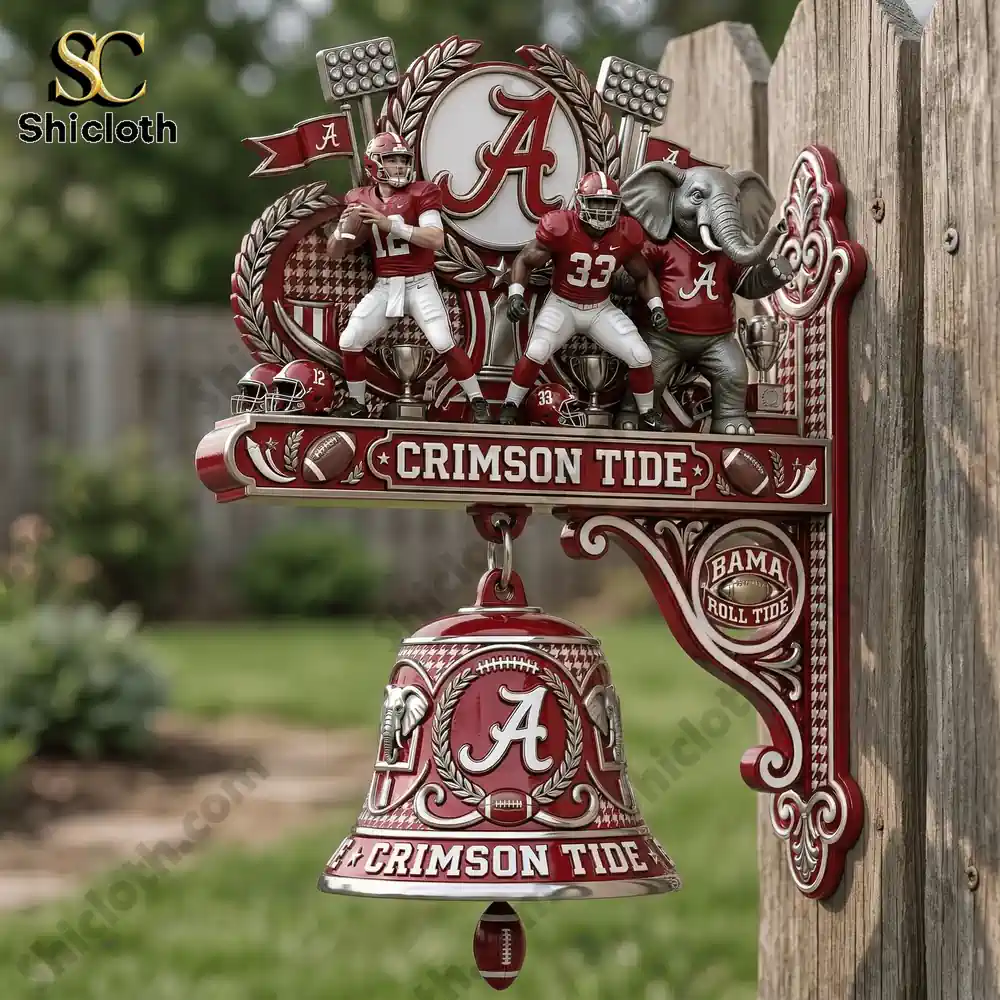 Alabama Crimson Tide Premium Wall Bell 3 Crimson Tide wall bell mounted on wooden fence outdoors