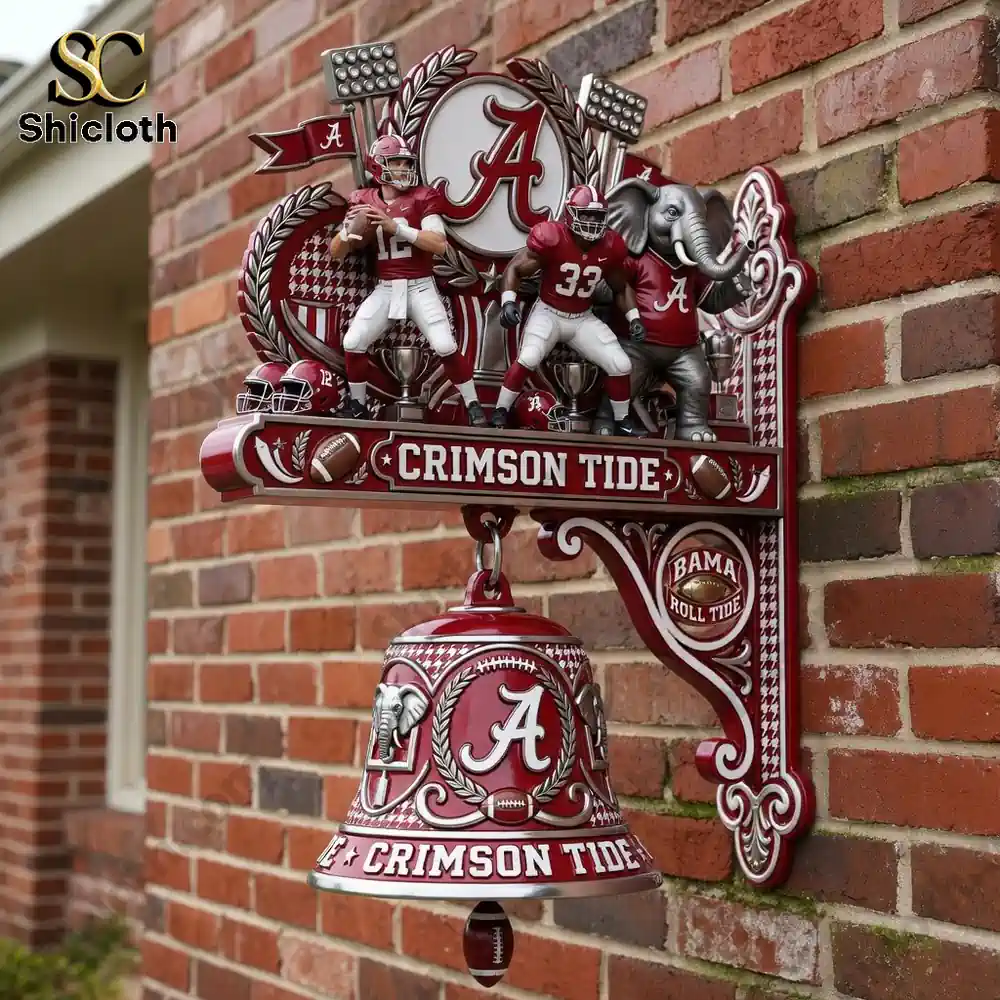 Alabama Crimson Tide Premium Wall Bell 4 Crimson Tide wall bell mounted on brick wall exterior