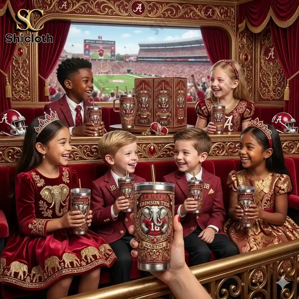 Kids holding Alabama Crimson Tide tumbler in stadium setting