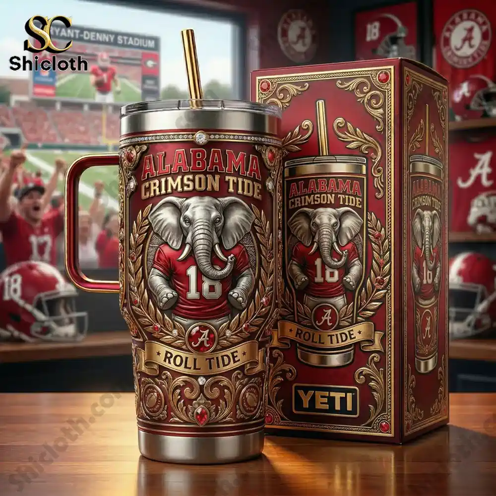 Close up Alabama Crimson Tide tumbler with box on table