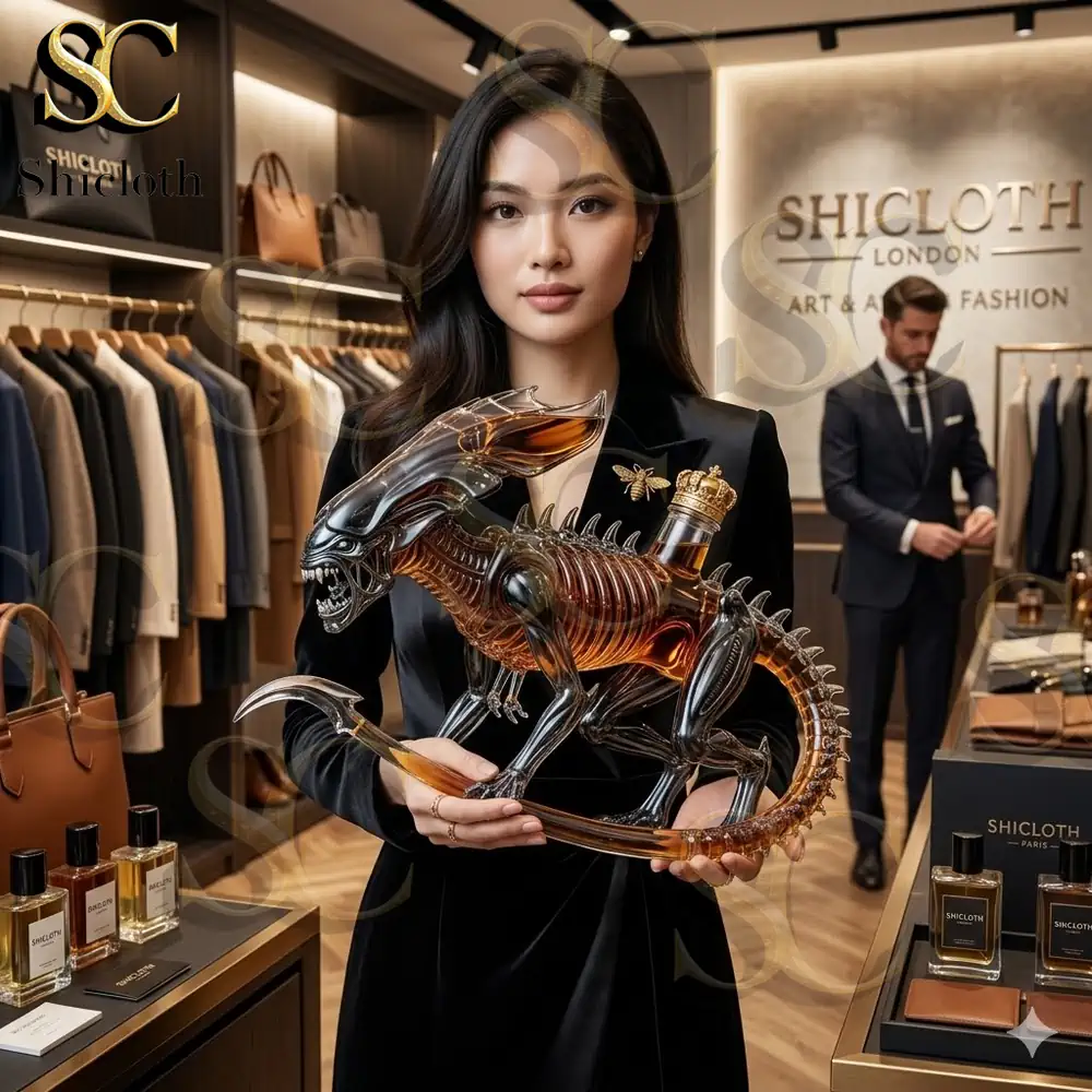 Woman holding alien creature whiskey bottle in Shicloth store!