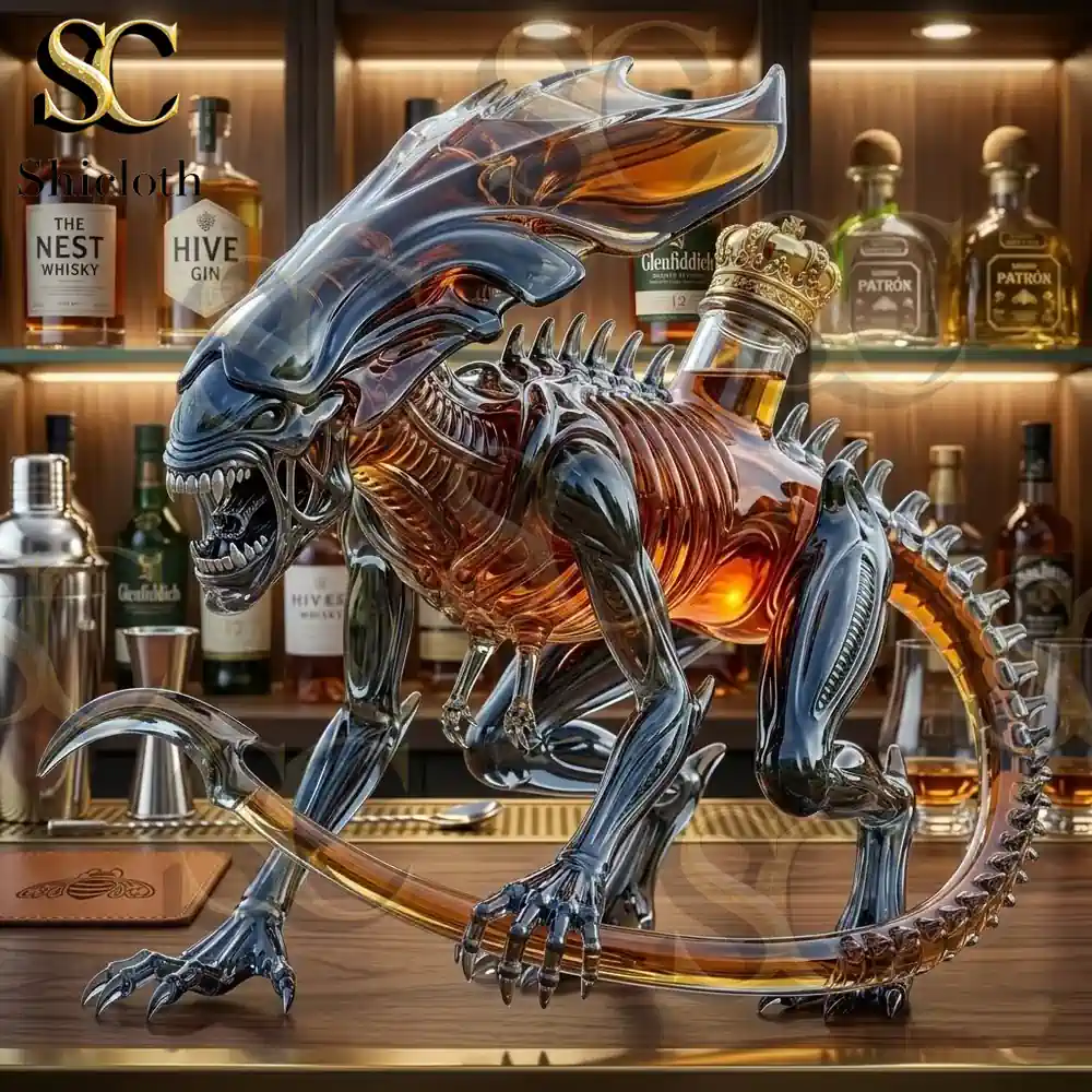 Close up alien creature whiskey bottle with crown stopper on bar!