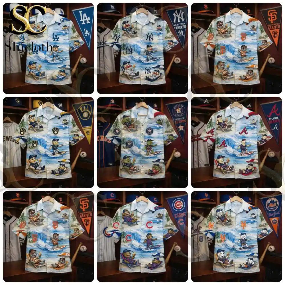 collection of mlb team hawaiian shirts with surfer cartoon designs!