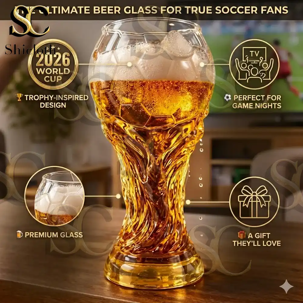 Group of diverse people raising multiple Shicloth World Cup trophy beer glasses to toast in a bar.
