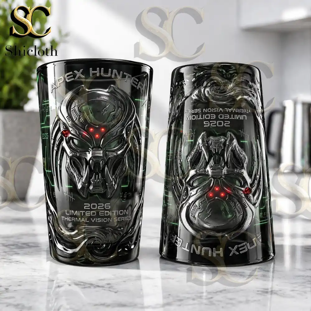 Two collector glasses with a 3D Predator relief one standing upright and the other inverted on a marble kitchen counter with a background of a plant and a kettle!
