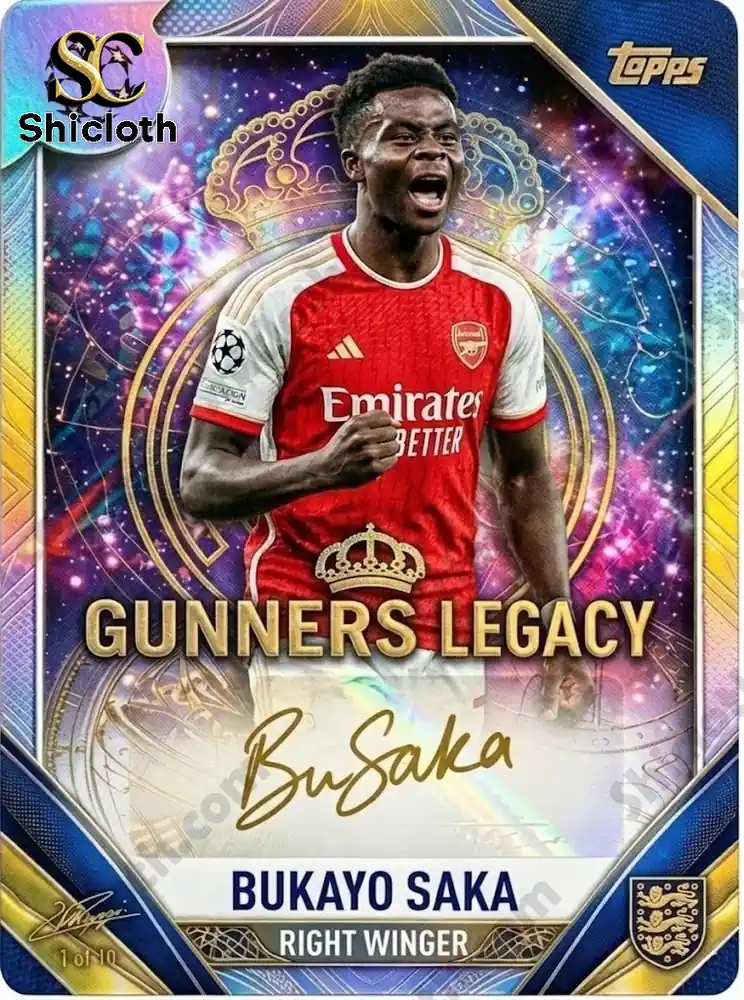 bukayo saka arsenal gunners legacy trading card with colorful background
