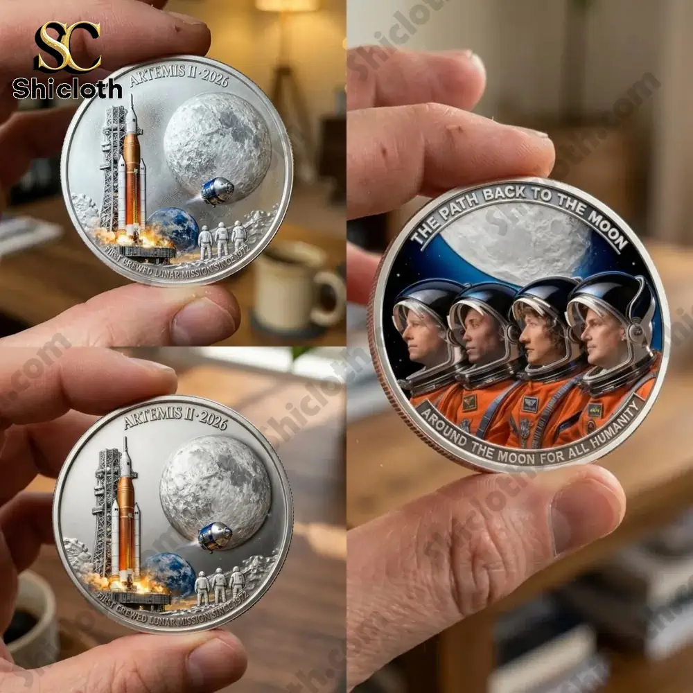 Hand holding Artemis II coin with rocket and moon design!