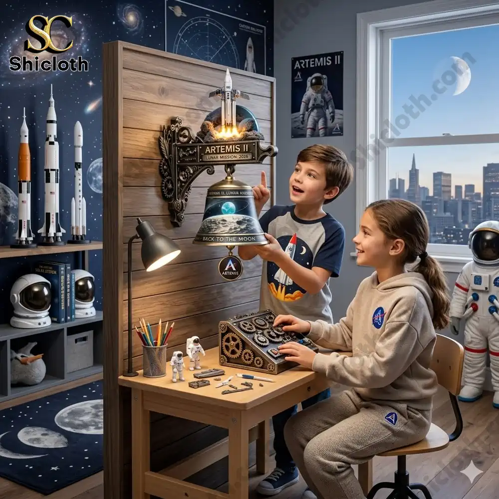 Kids playing with Artemis bell model in space themed room!