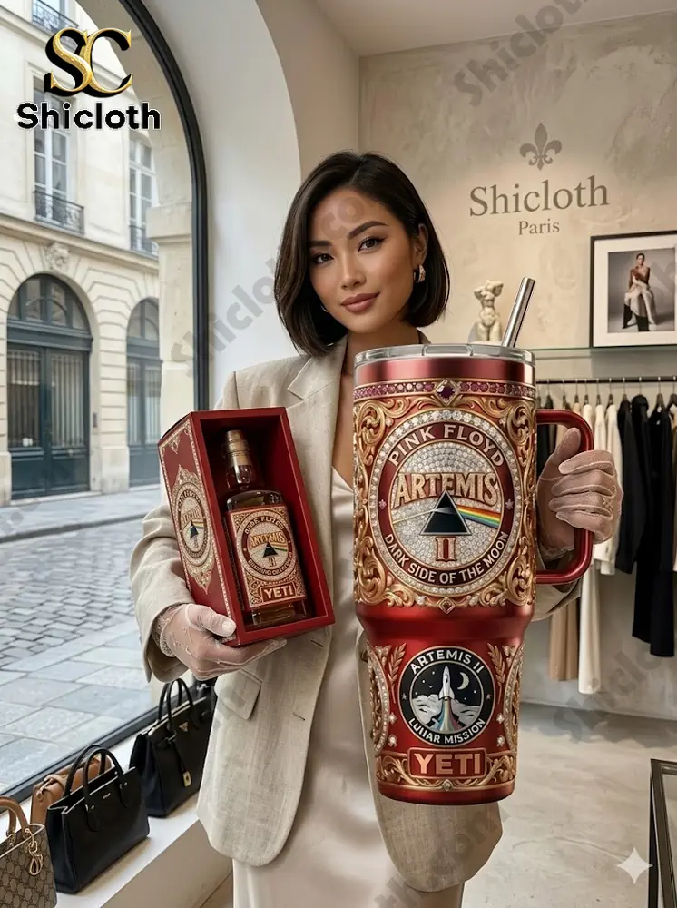 Woman holding red Artemis Pink Floyd YETI tumbler in fashion shop
