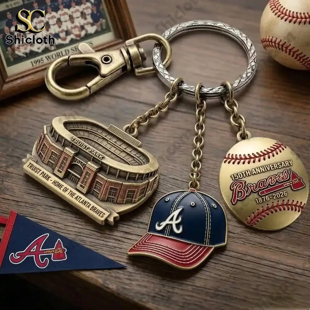 Close up Atlanta Braves keychain with stadium cap and baseball charms!