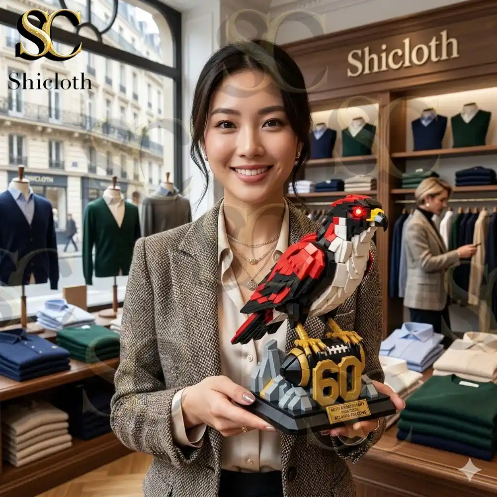 A woman in a shop holds a detailed building block model of the Atlanta Falcons mascot perched on a football!