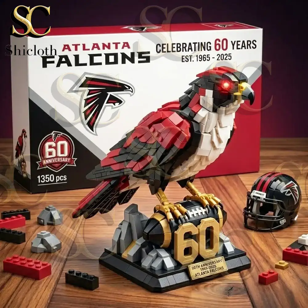 The complete building block model of the Atlanta Falcons 60th anniversary mascot on its themed base!