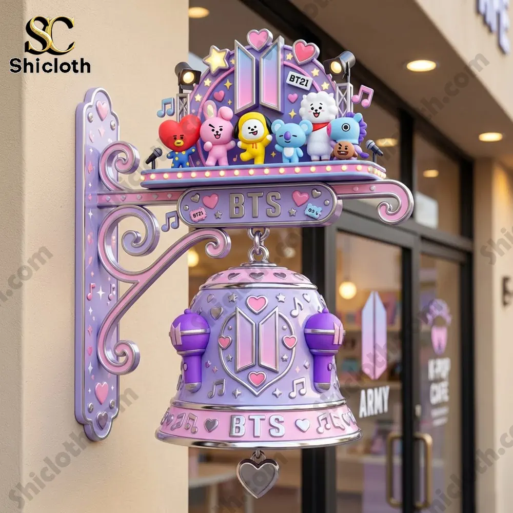 Cute BTS themed wall bell with colorful characters mounted outside a shop!