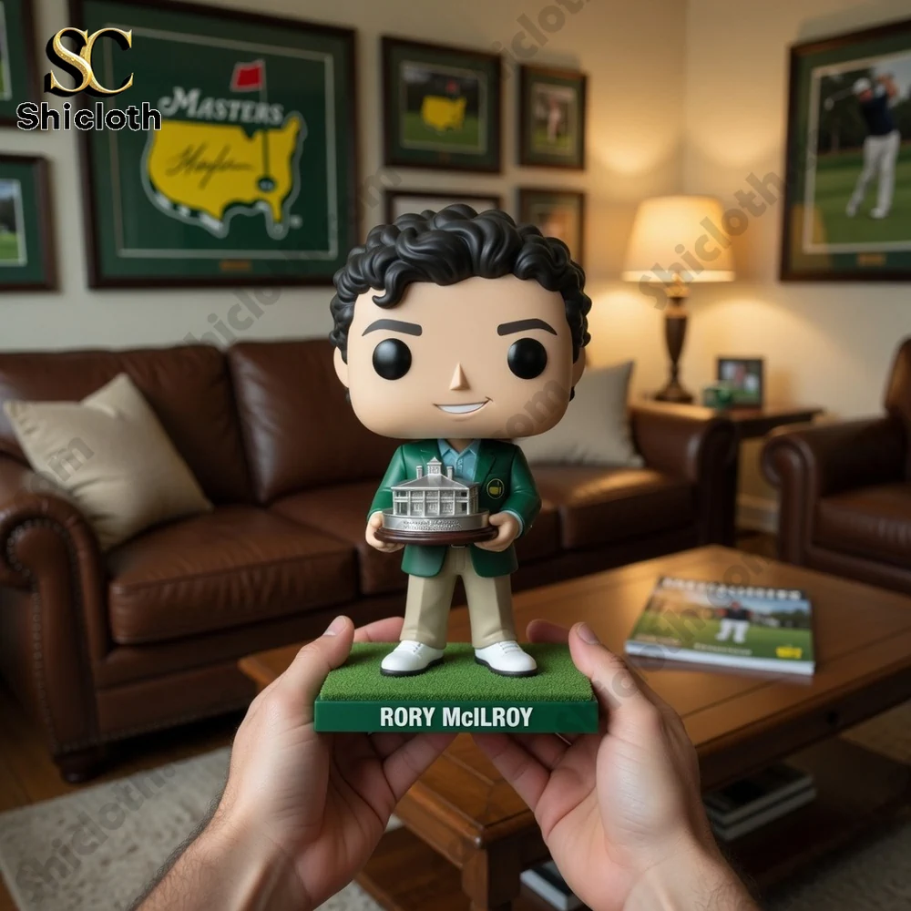 Rory McIlroy figure holding trophy in elegant living room