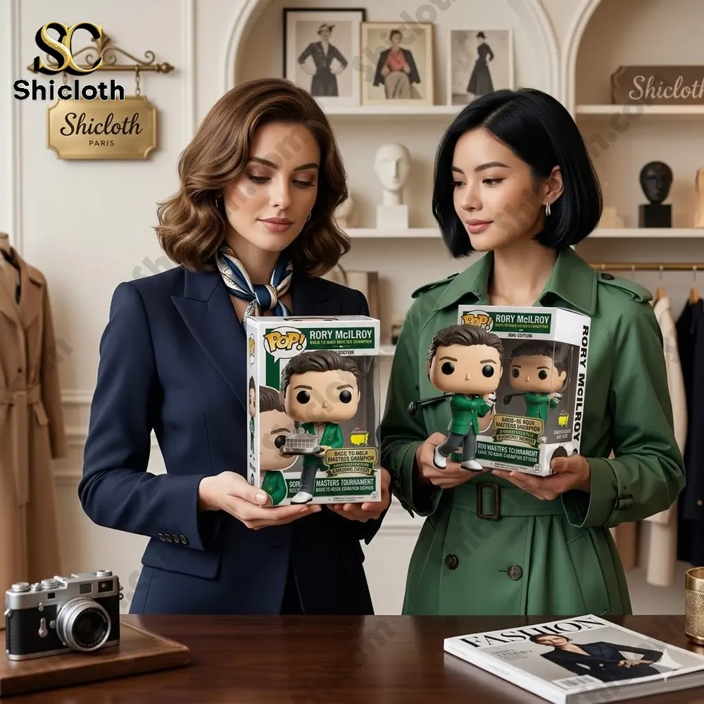 Two women holding Rory McIlroy figure boxes in boutique store