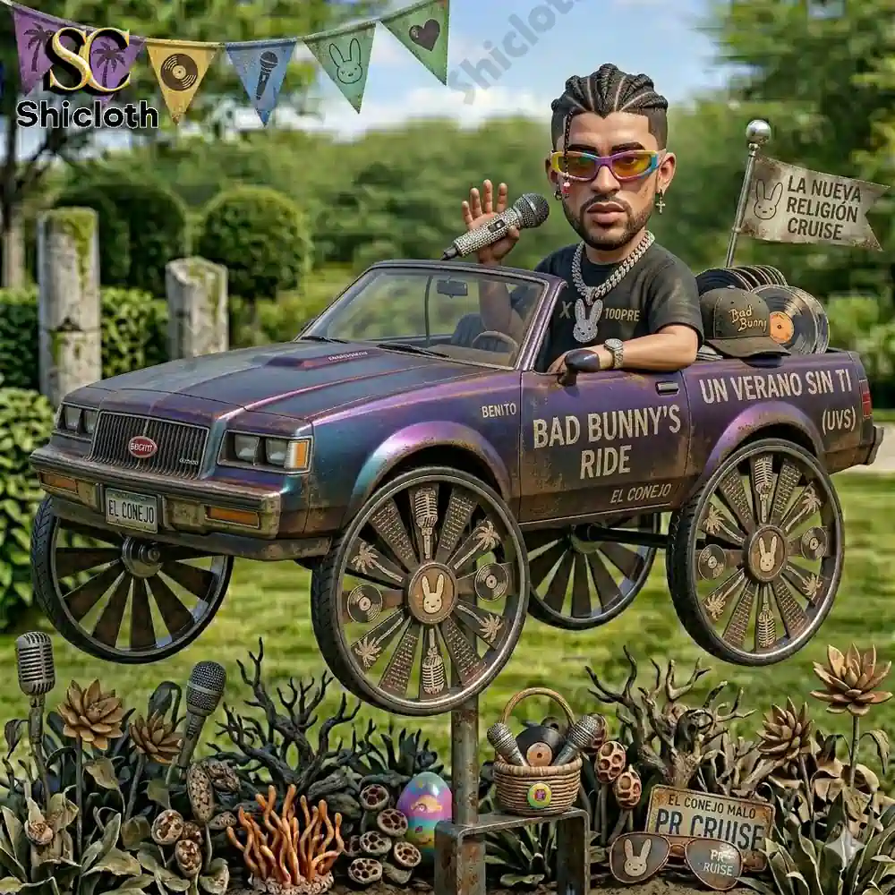 Detailed singer car garden spinner with large wheels in green garden