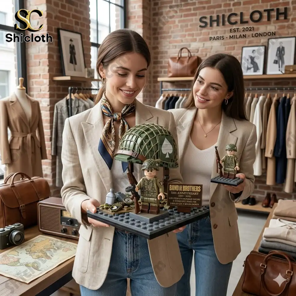 Two women holding a soldier building block set inside a fashion store