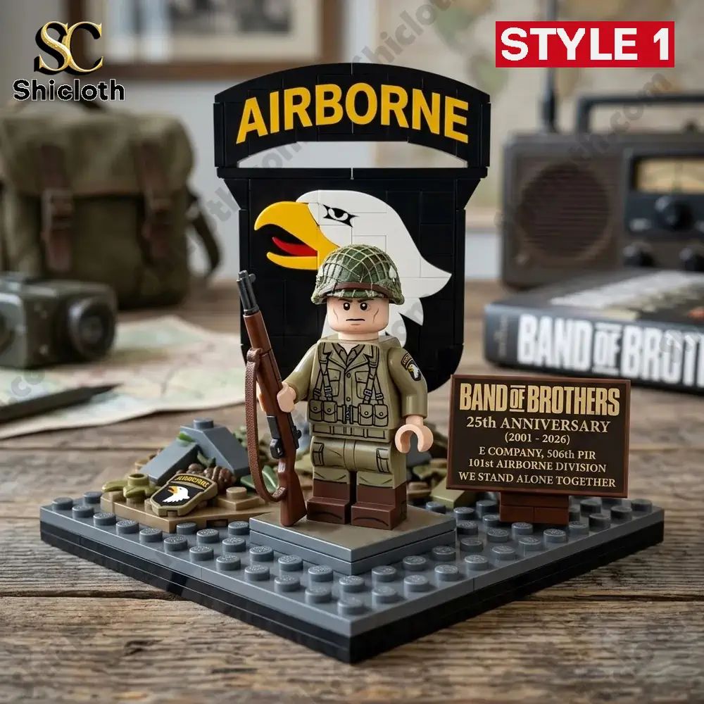 Soldier building block figure with airborne sign and display base