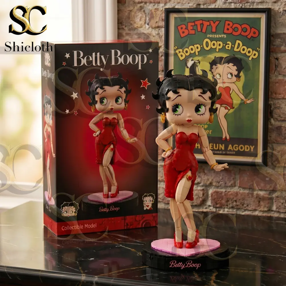 Betty Boop building brick figure standing next to its box and a vintage poster!