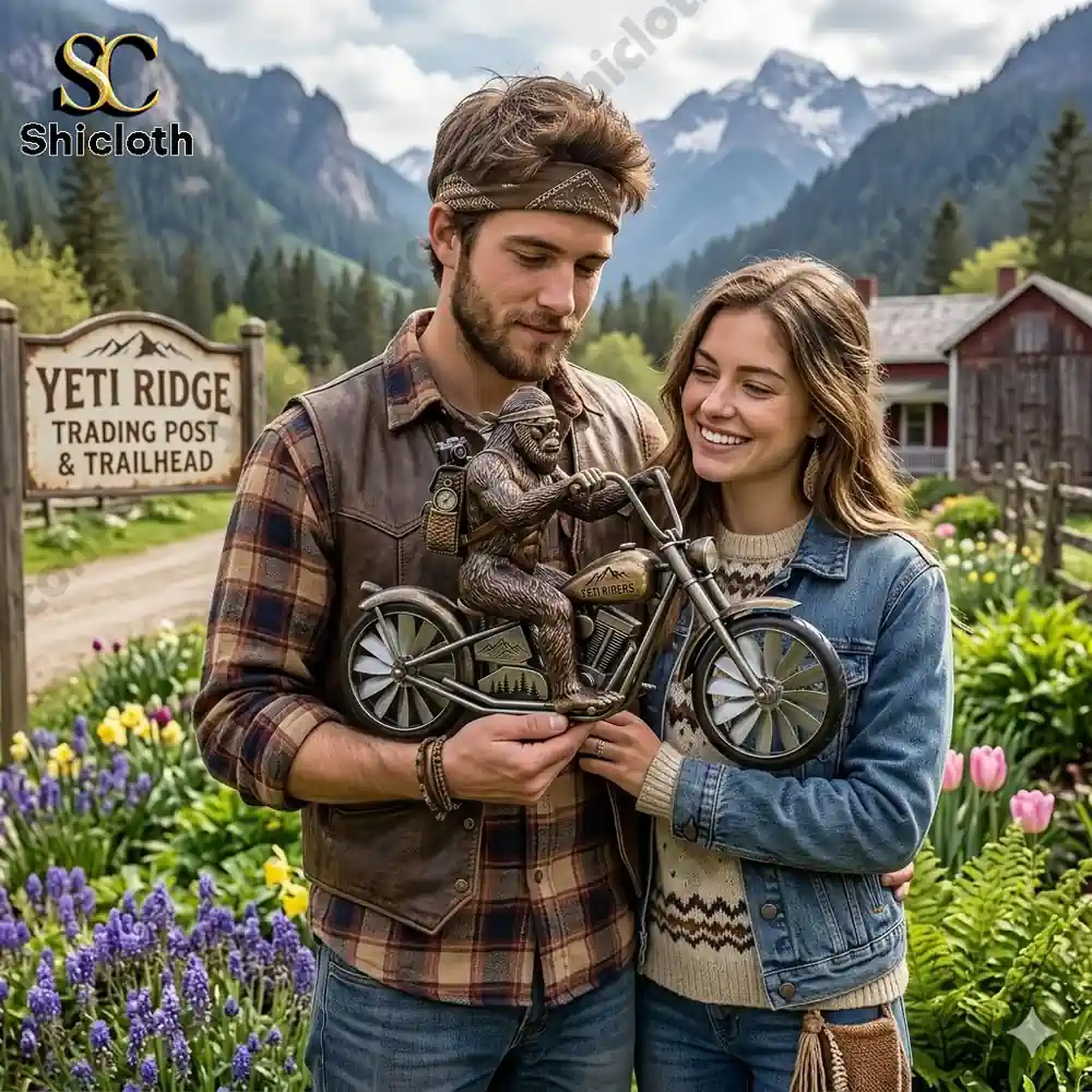 Couple holding a yeti rider motorcycle statue in a mountain village!