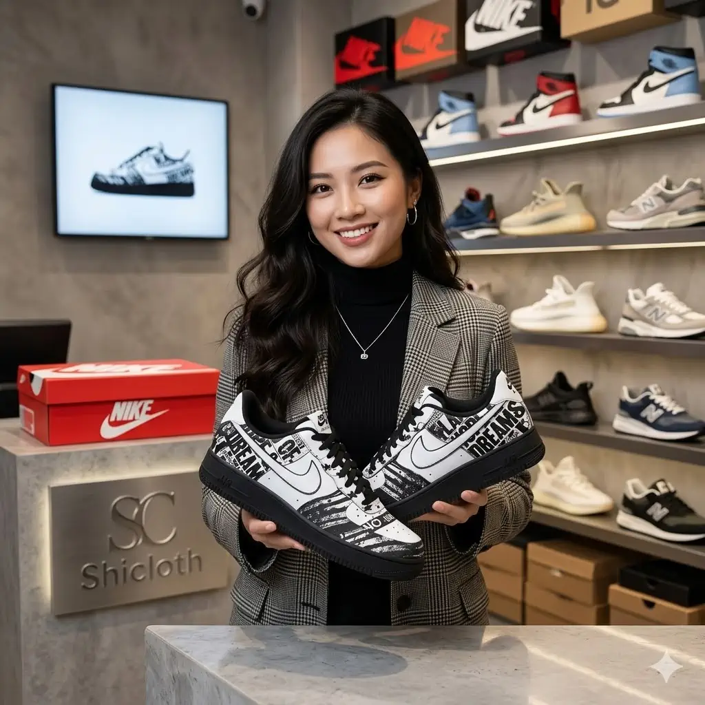 Woman holding black and white sneakers inside a modern shoe store