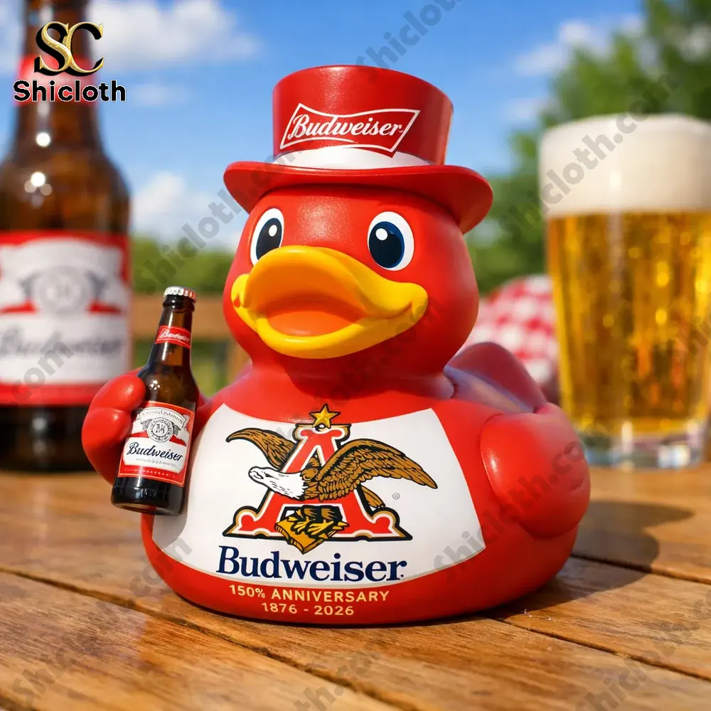 Red Budweiser duck toy holding small beer bottle outdoors!