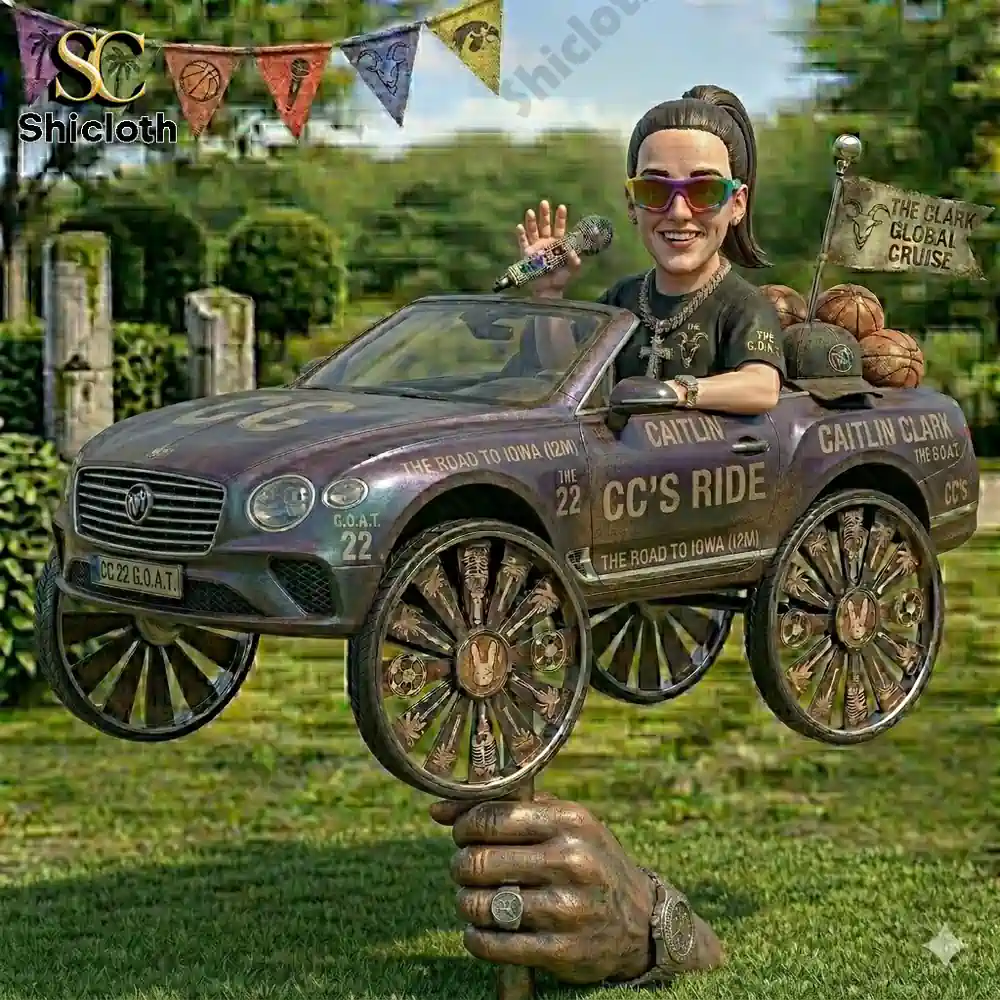 Stylized female driver in custom car wind spinner garden decor