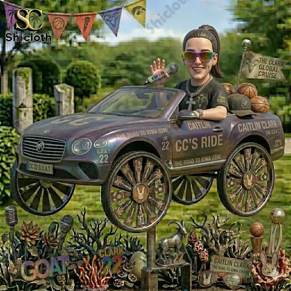 Detailed car wind spinner with figure and decorative elements in garden