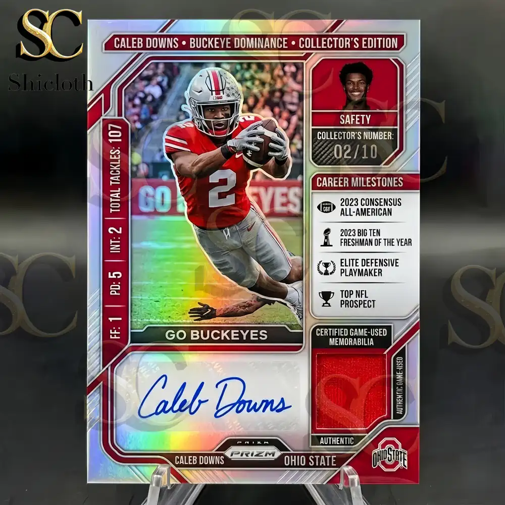 Close up of Caleb Downs limited edition signed trading card with jersey patch!