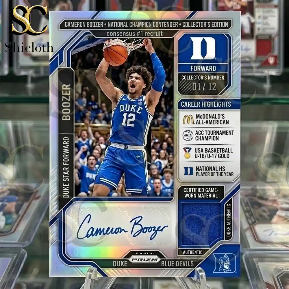 Close up of a premium Duke Blue Devils Cameron Boozer basketball card featuring a player photo and autographs.