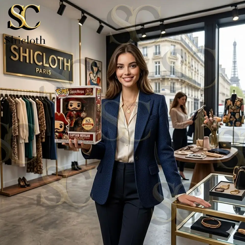 woman holding captain morgan figure box in fashion store!