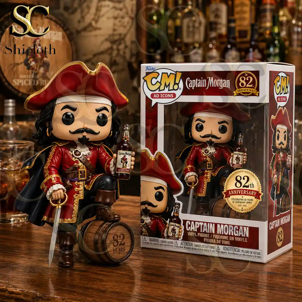 captain morgan anniversary figure with box on wooden table!