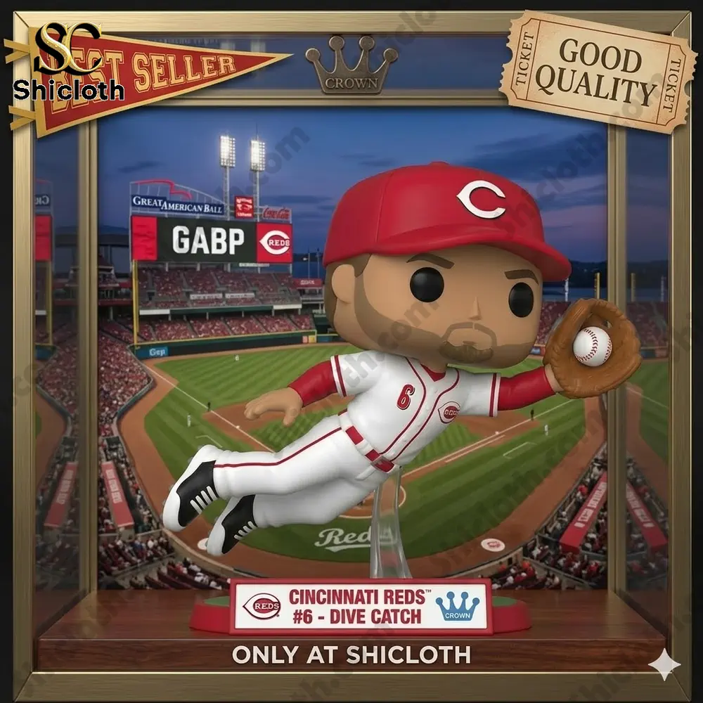 Cincinnati Reds player figure diving to catch a baseball inside a stadium display case!