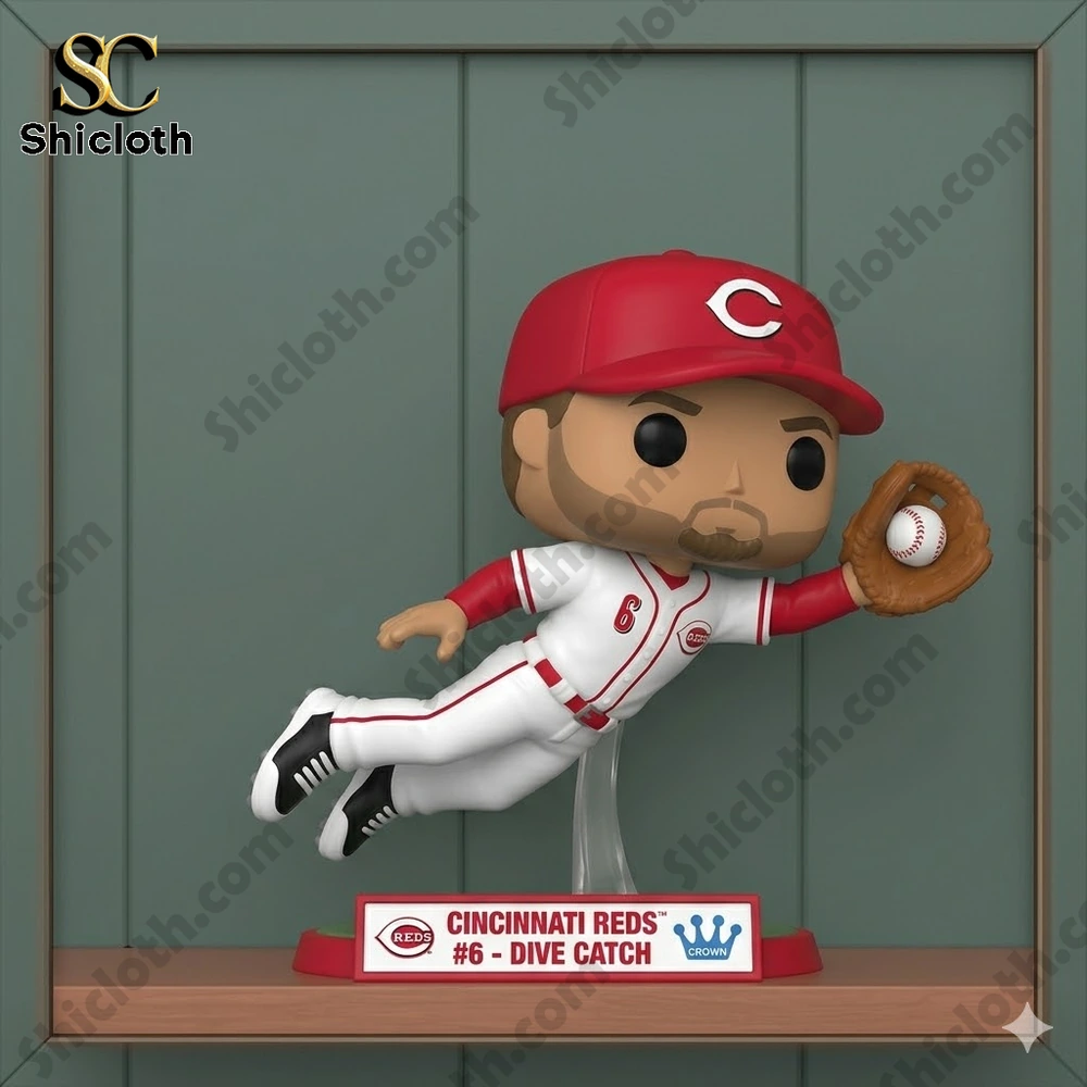 Cincinnati Reds player figure diving to catch a baseball on a simple background display!