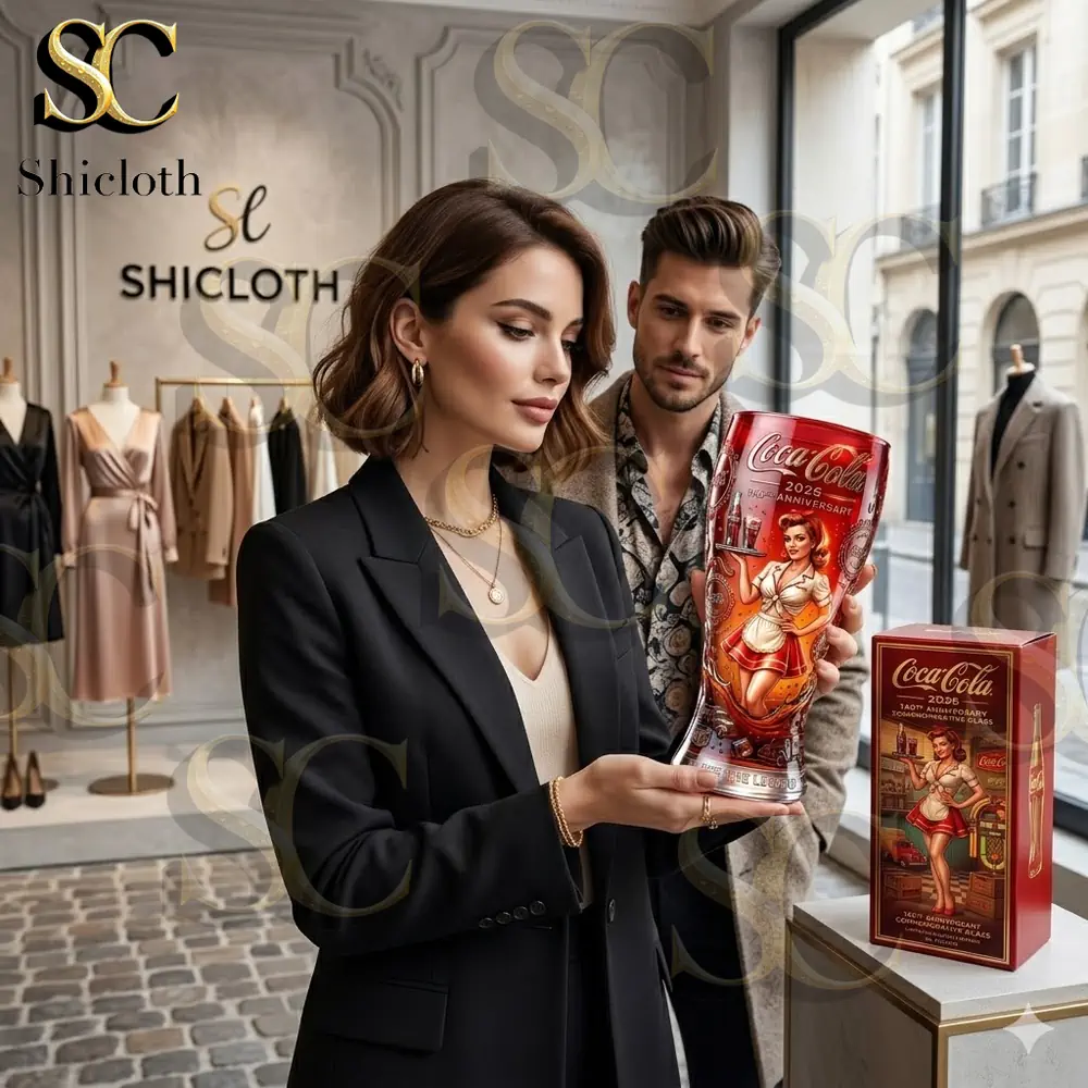 A couple stands in Shicloth fashion boutique. The woman holds a special Coca Cola anniversary glass. The man looks on. Clothing racks with apparel are visible.