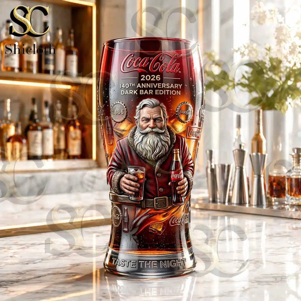 Close up of a Coca Cola 140th anniversary glass Dark Bar edition on a marble counter with an blurred bar background featuring bottles and flowers.